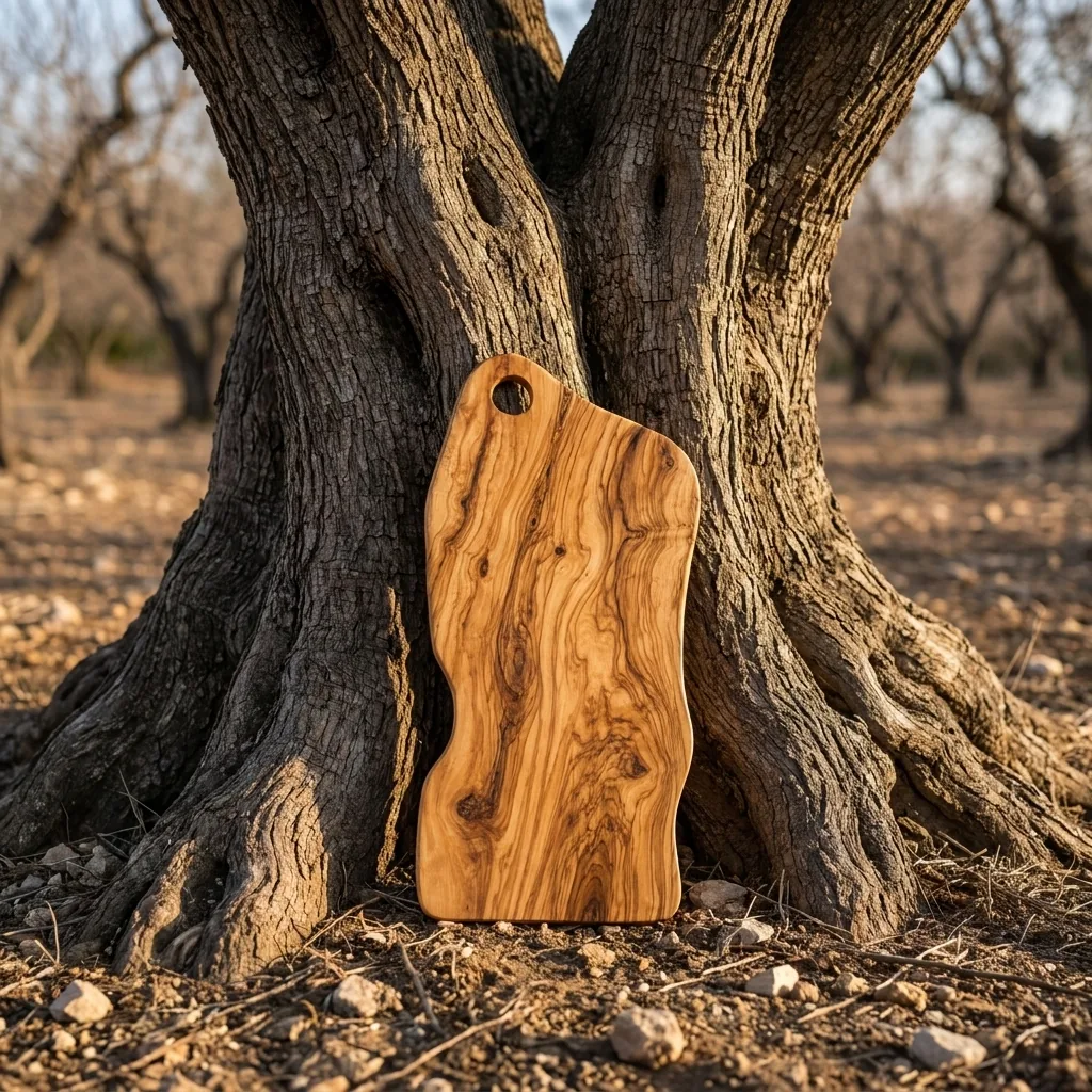 Olive slab leaning against the trunk of the old tree it was cut from