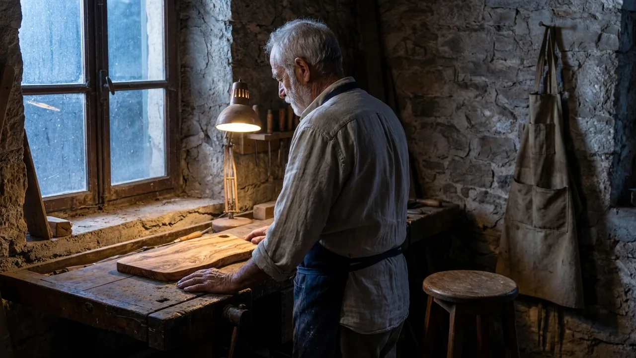 Giuseppe at his bench in the Piedmont workshop, one board under the lamp
