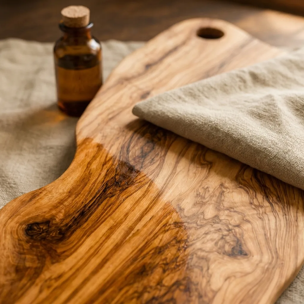 Close-up of the olive grain swirling across the surface, care oil beside it