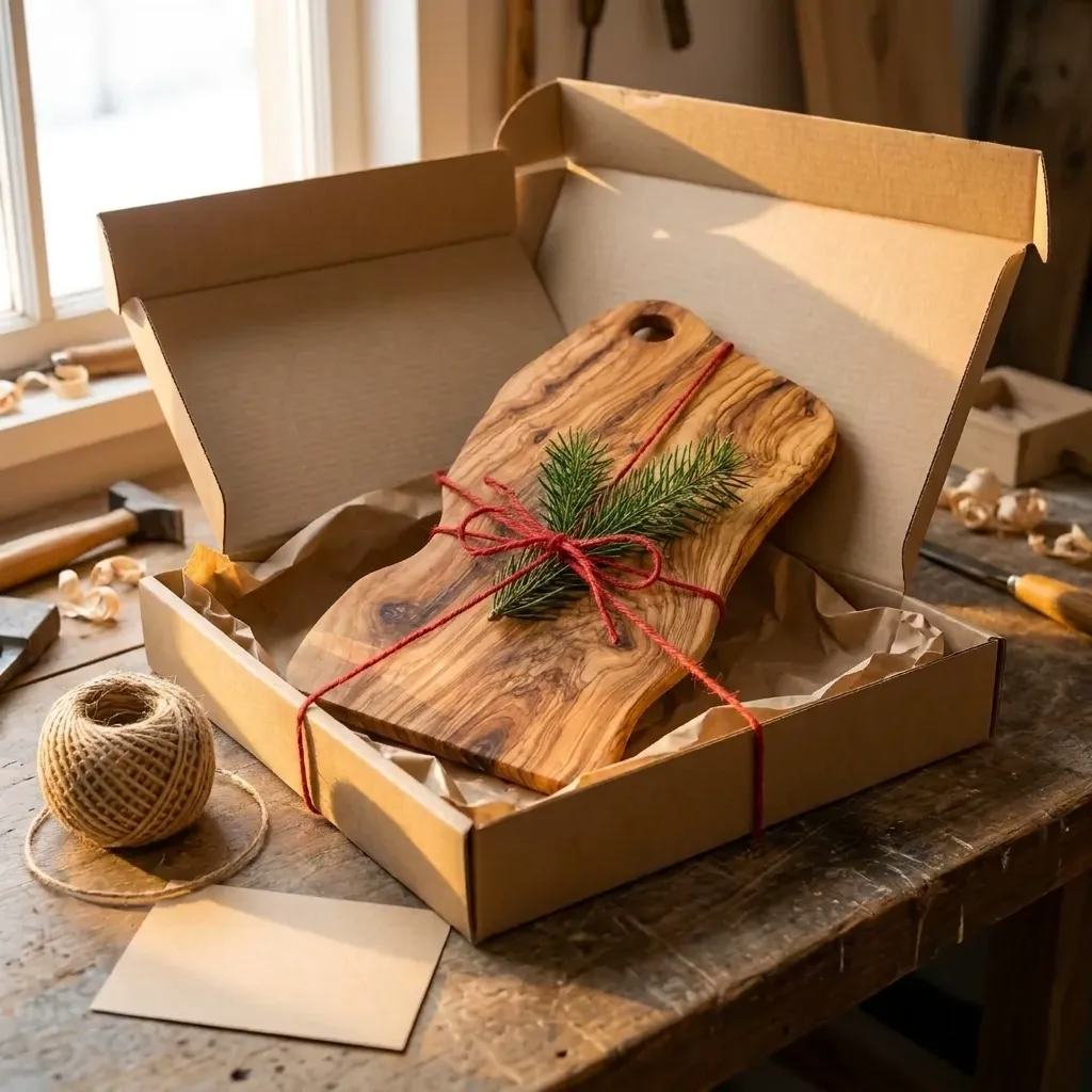 The board in its shipping box, tied with red twine and a sprig of pine under the knot