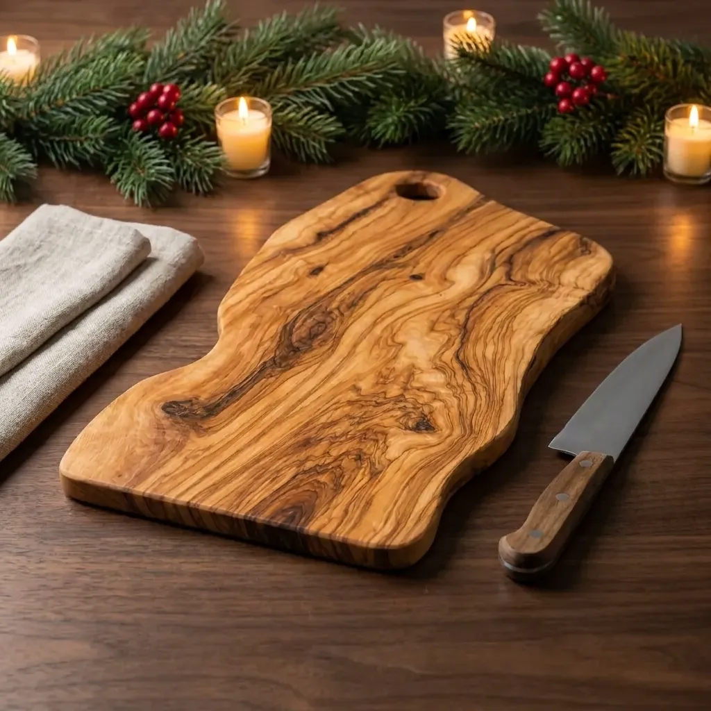 The board on a walnut table dressed for Christmas, chef knife alongside, pine garland and candles behind