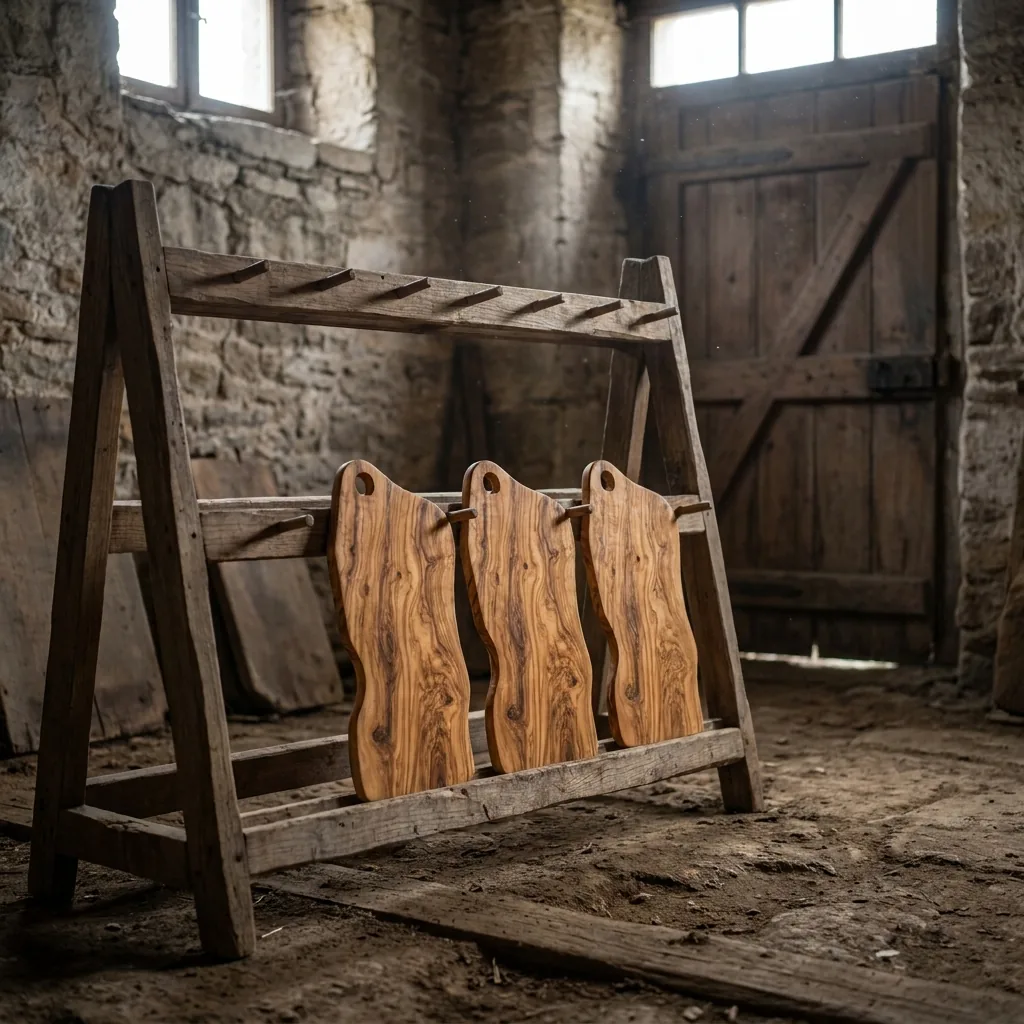 Three finished olive slabs on the drying rack in the empty workshop